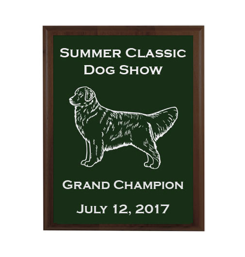 Custom engraved walnut plaque with the Golden Retriever dog design and text of your choice.