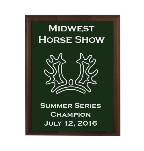 Genuine walnut plaque with custom engraved horse breed logo and personalized text. Horse Show Award