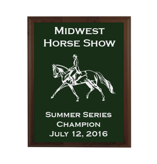 Personalized walnut plaque with your choice of horse 2 design and text. Horse Show Award