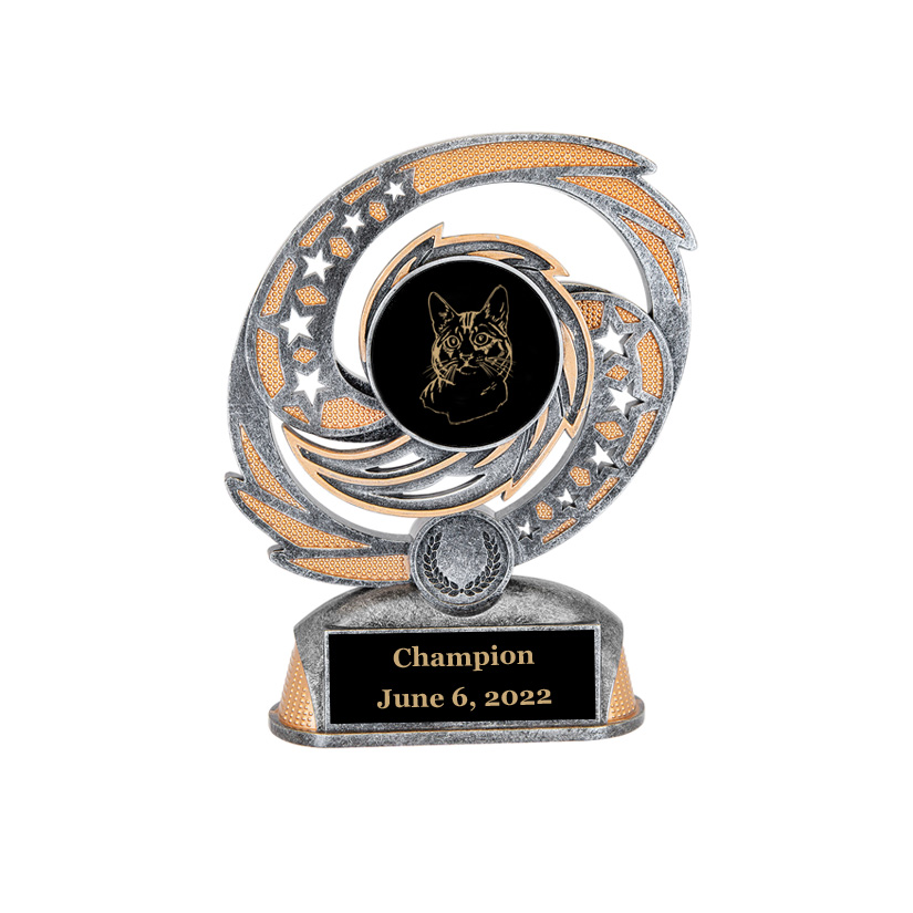 Custom engraved hurricane award trophy with your choice of personalized text and cat design. Cat Award