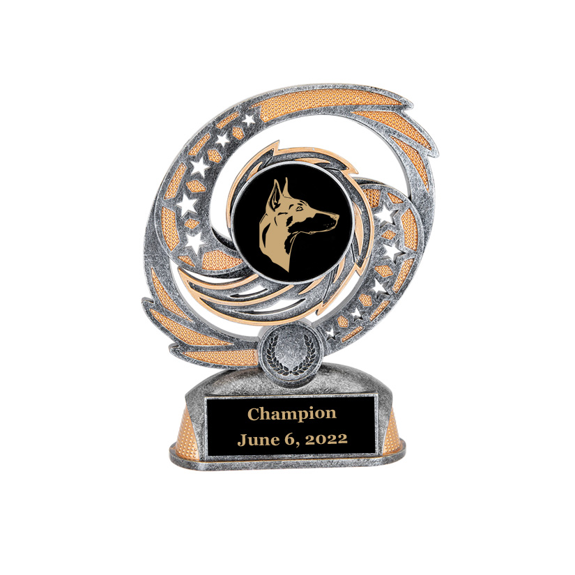 Custom engraved hurricane award trophy with your choice of personalized text and Doberman design. Doberman Award