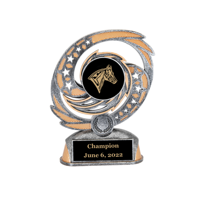 Personalized hurricane trophy with your choice of horse design and custom engraved text.  Equestrian Award