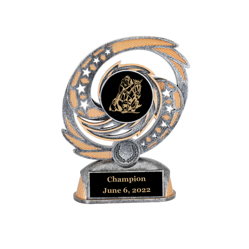 Custom engraved hurricane award trophy with your choice of personalized text and horse design 2. Equestrian Award