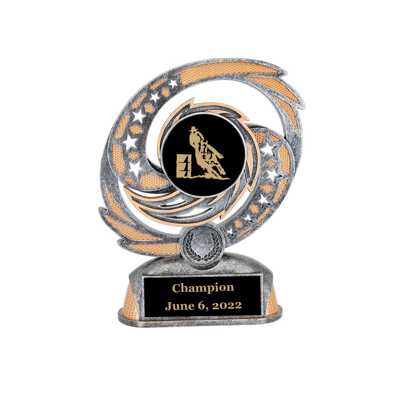 Custom engraved hurricane award trophy with your choice of personalized text and rodeo design.Rodeo Award