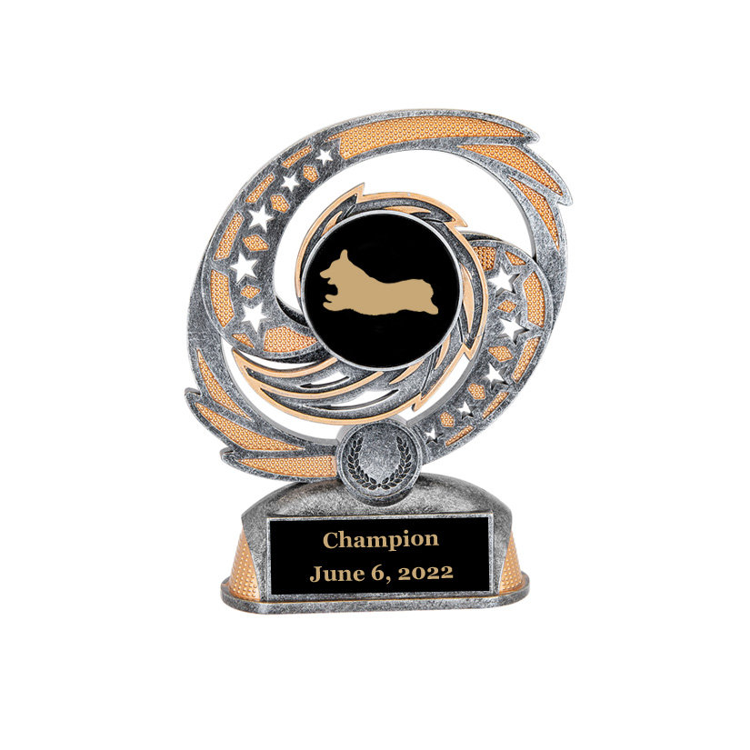 Custom engraved hurricane award trophy with your choice of personalized text and corgi design. Corgi Award