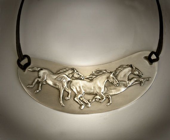 Galloping mustangs frieze gorget pewter equestrian necklace - horse jewelry.
