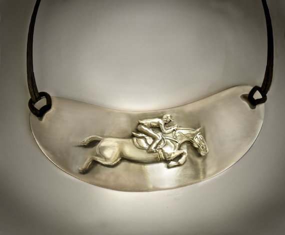 Jumping horse gorget pewter equestrian necklace - horse jewelry.