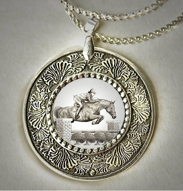 Jumping horse pewter equestrian necklace - horse jewelry.