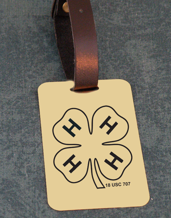 Solid brushed brass luggage ID tag with engraved text and 4-H logo design image of your choice. 4-H Luggage Tag
