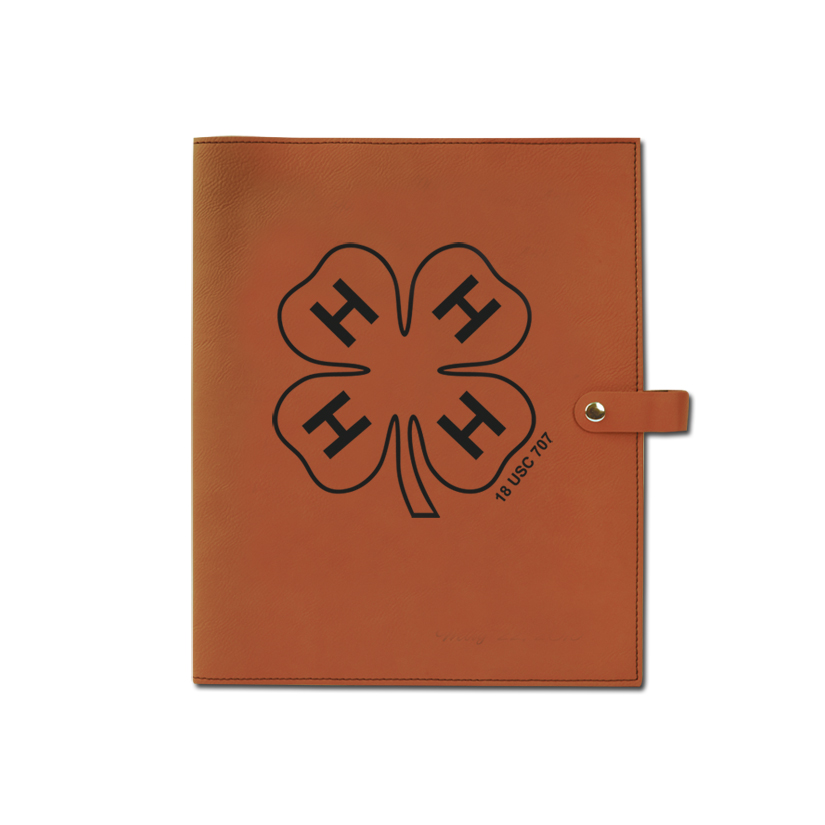 Personalized leatherette book / bible cover with custom text and 4-H logo.