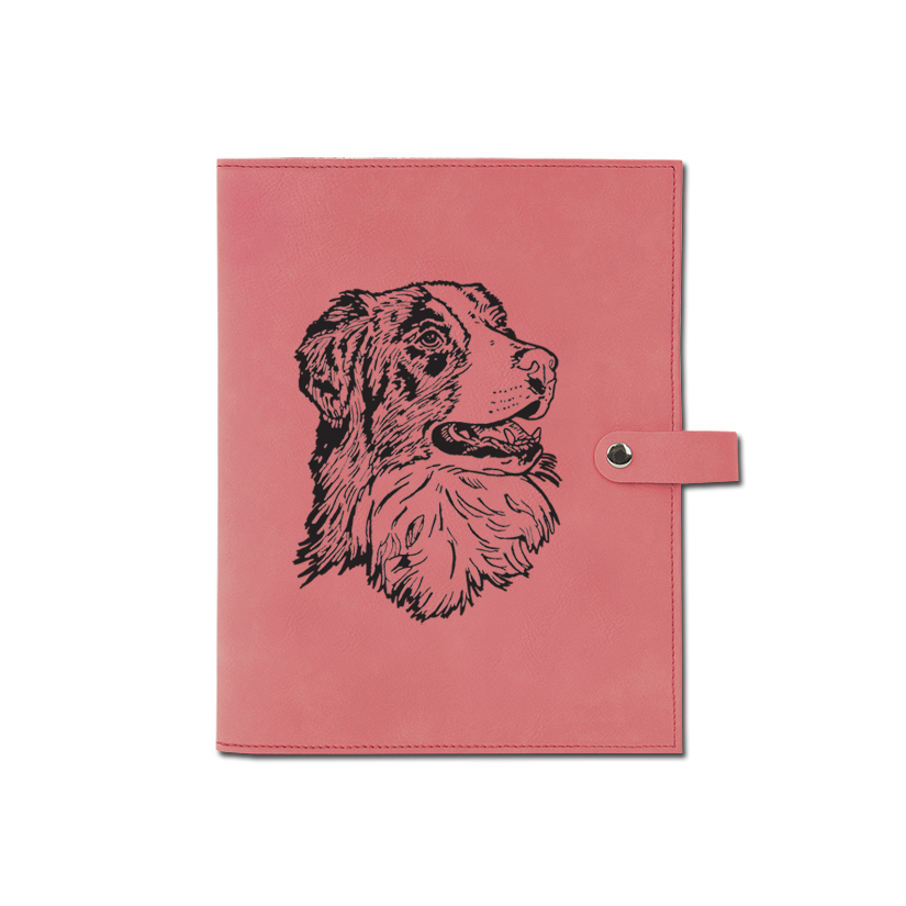 Custom leatherette book / bible cover with custom engraved dog design 1 and personalized text.