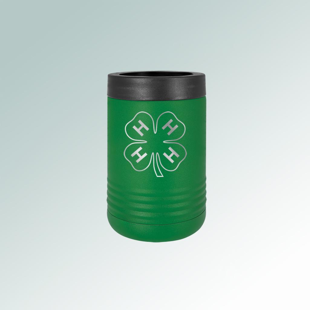 Custom engraved stainless steel vacuum insulated 4-H beverage holder with personalized text and 4-H logo.