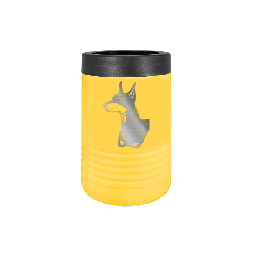 Custom engraved stainless steel vacuum insulated beverage holder with personalized text and Doberman design.