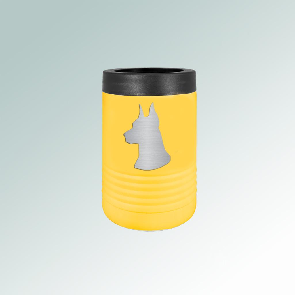 Personalized stainless steel insulated doberman beverage holder with custom engraved text and doberman design. 25+ Doberman designs to choose from.