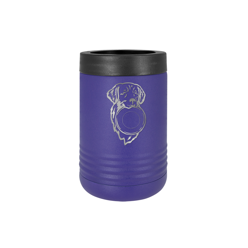 Personalized stainless steel vacuum insulated beverage holder with custom engraved text and Golden Retriever design.