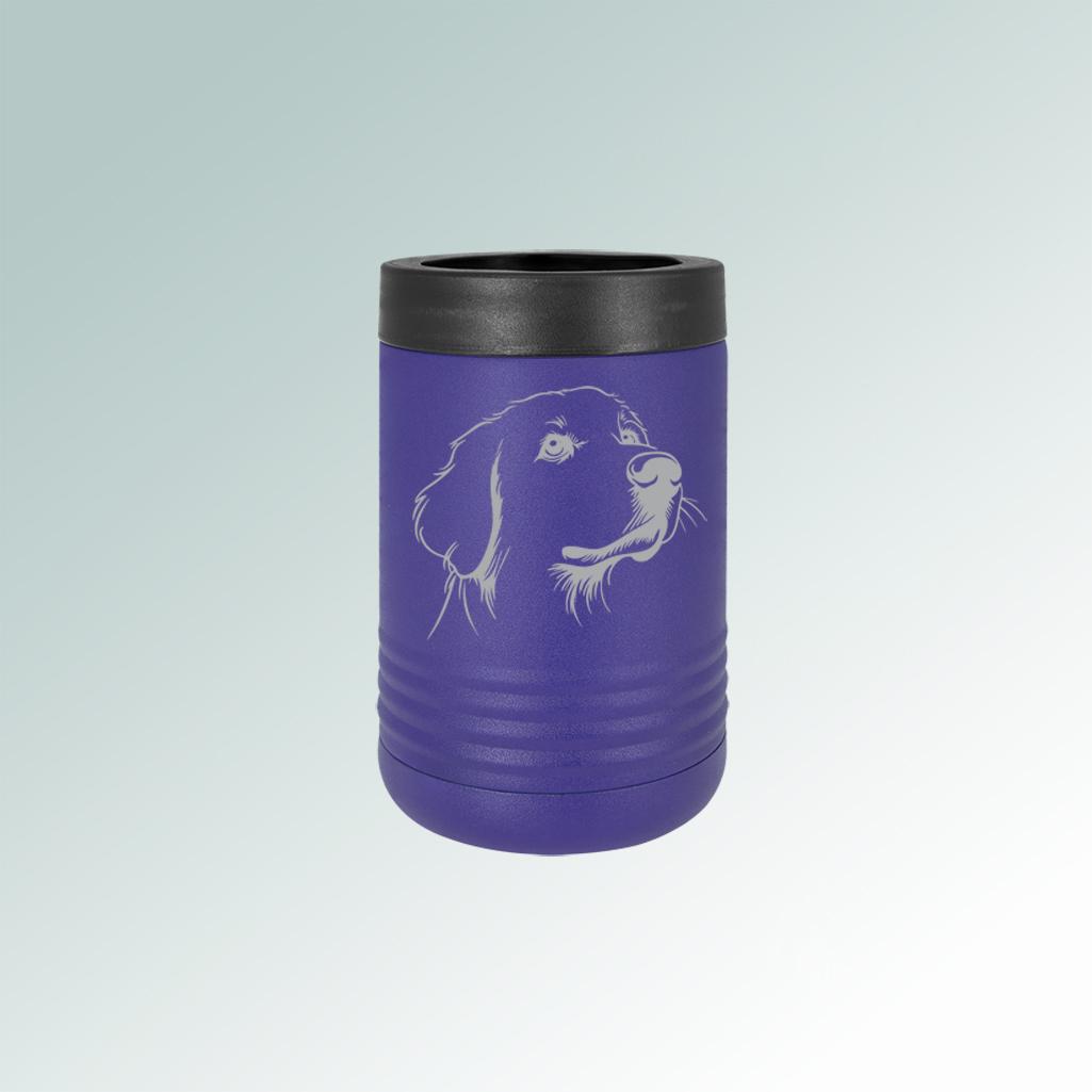 Custom engraved stainless steel insulated golden retriever beverage holder with personalized text and design. 80+ Golden Retriever designs to choose from.