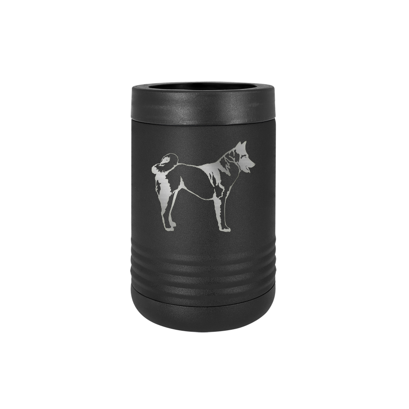 Custom engraved stainless steel vacuum insulated beverage holder with personalized text and herding dog design.