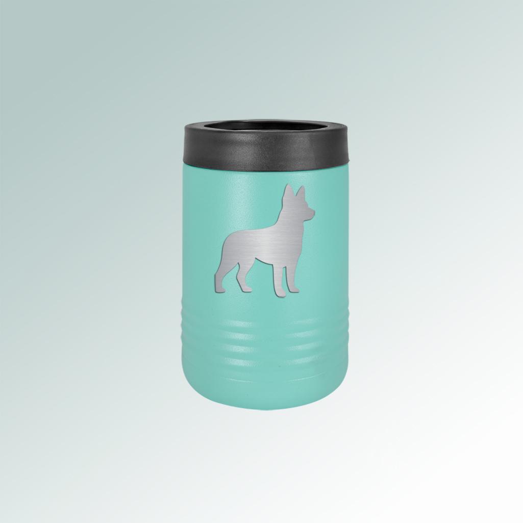 Personalized stainless steel insulated dog breed beverage holder with custom engraved text and dog breed. 100+ dog breeds to choose from.