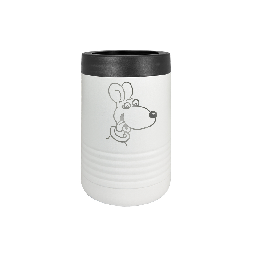 Custom engraved stainless steel vacuum insulated beverage holder with personalized text and dog design.