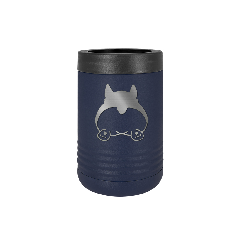 Personalized stainless steel vacuum insulated beverage holder with custom engraved text and corgi design.