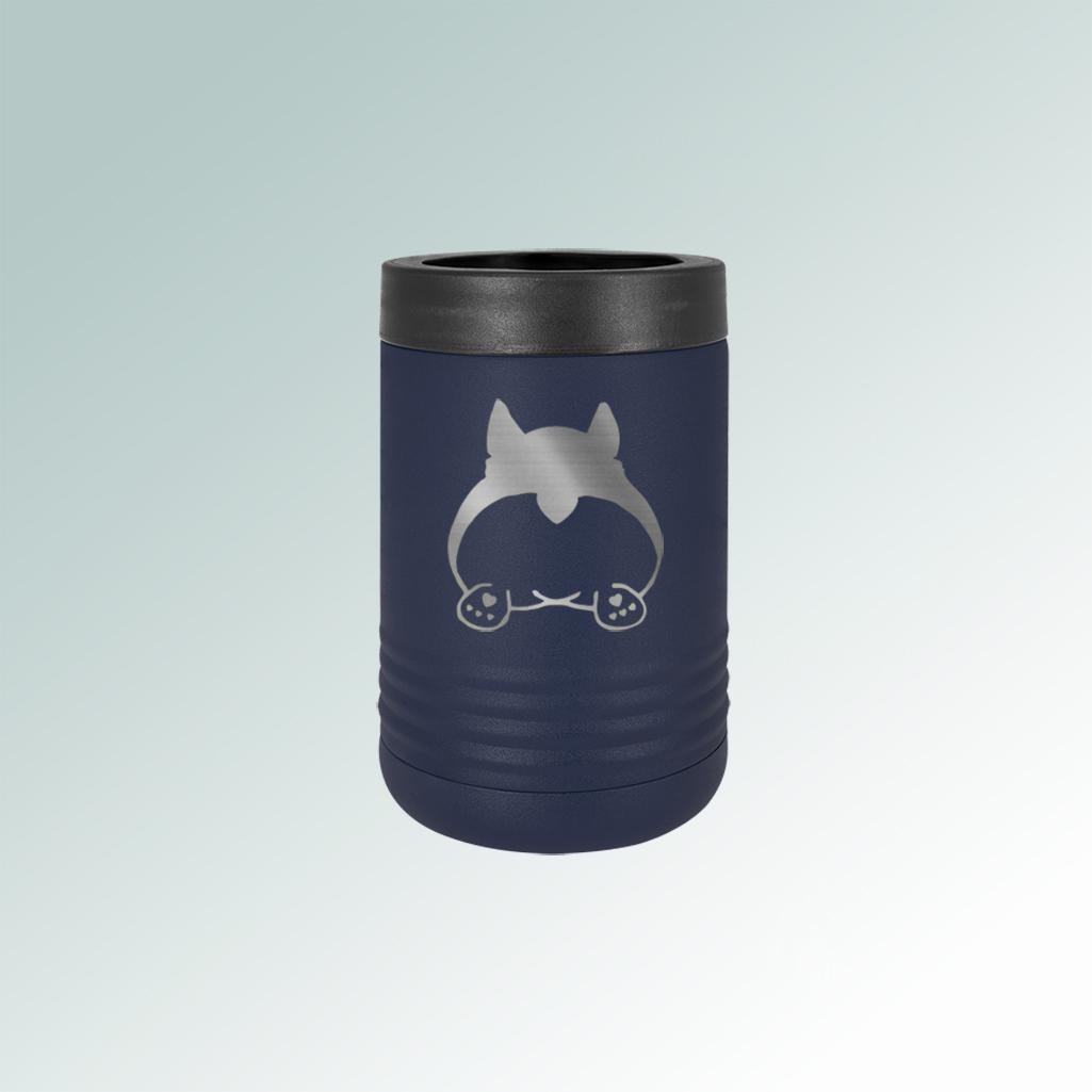 Custom engraved stainless steel vacuum insulated corgi beverage holder with personalized text and corgi design. 100+ corgi designs to choose from.