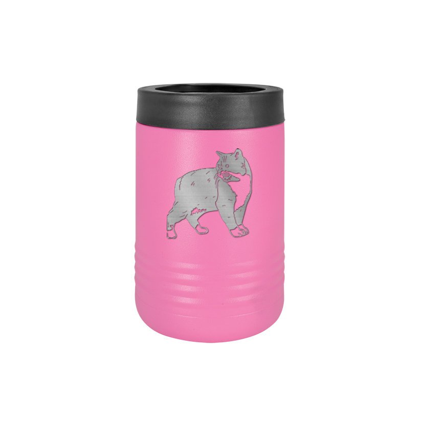 Custom engraved stainless steel vacuum insulated beverage holder with personalized text and cat design.