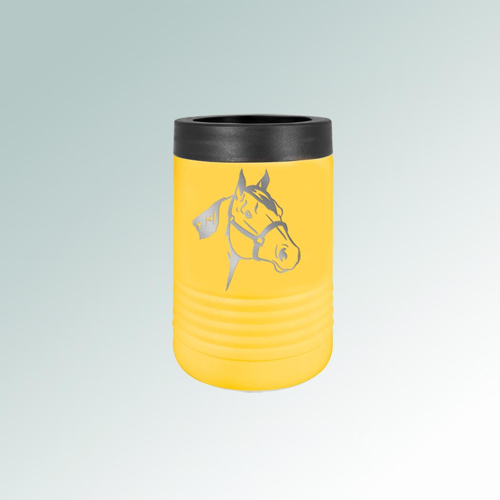 Personalized stainless steel insulated horse beverage holder with custom engraved text and horse silhouette. 85+ horse silhouettes to choose from.
