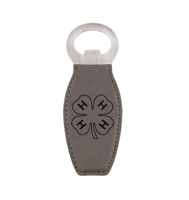 Leatherette bottle opener with 4-H logo and custom engraved text.