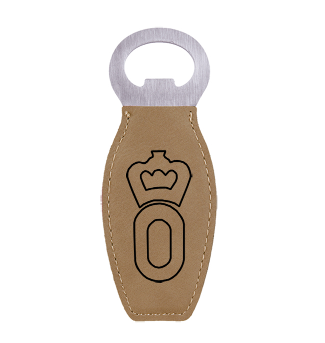 Laser engraved leatherette bottle opener with personalized engraved text and custom horse breed logo. Equestrian Bottle Opener