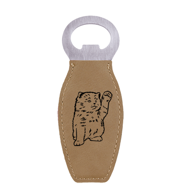 Laser engraved leatherette bottle opener with personalized engraved text and custom cat design.