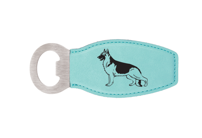 Personalized leatherette bottle opener with the dog design 1 and custom engraved text of your choice. Dog Design Bottle Opener