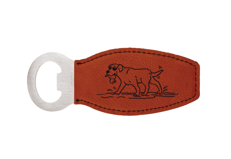 Engraved personalized leatherette bottle opener with the dog design 3 and custom engraved text of your choice. Dog Design Bottle Opener