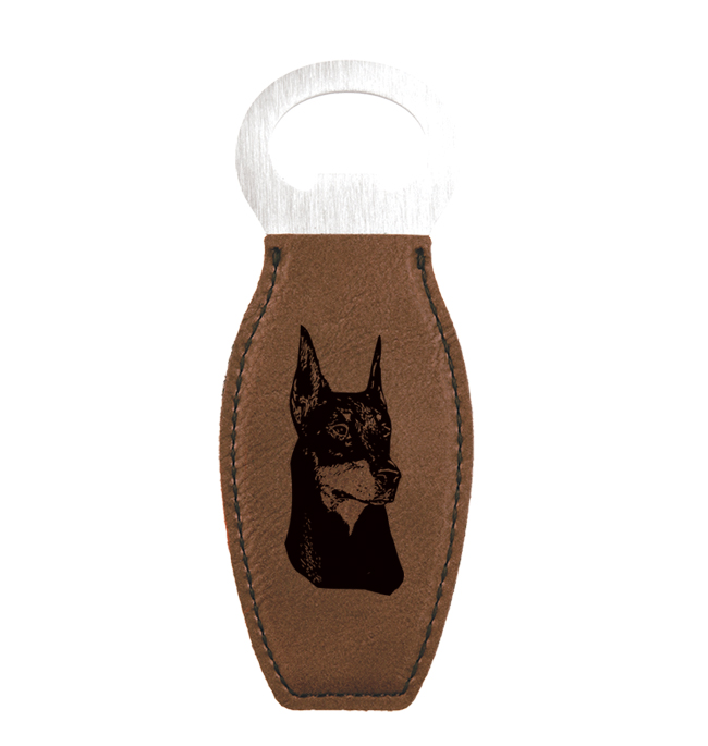 Laser engraved leatherette bottle opener with personalized engraved text and custom Doberman dog design. Doberman Bottle Opener