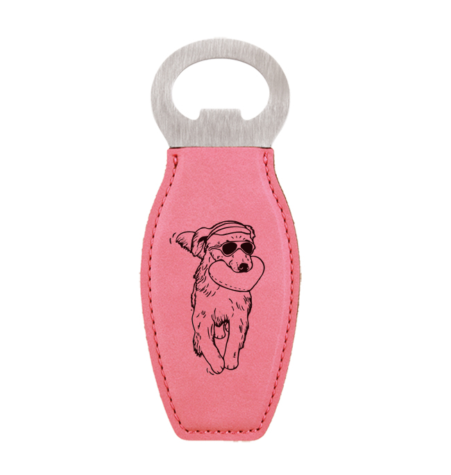 Laser engraved leatherette bottle opener with personalized engraved text and custom Golden Retriever design. Golden Retriever Bottle Opener
