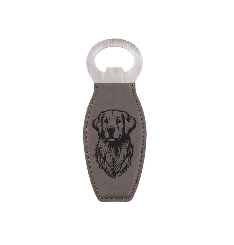 Laser engraved leatherette bottle opener with personalized engraved text and custom Golden Retriever design. Golden Retriever Bottle Opener