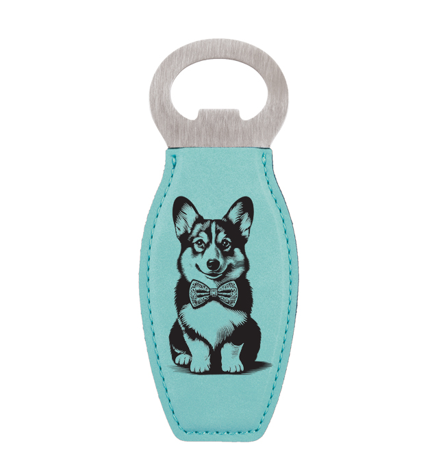 Laser engraved leatherette bottle opener with personalized engraved text and custom corgi design.