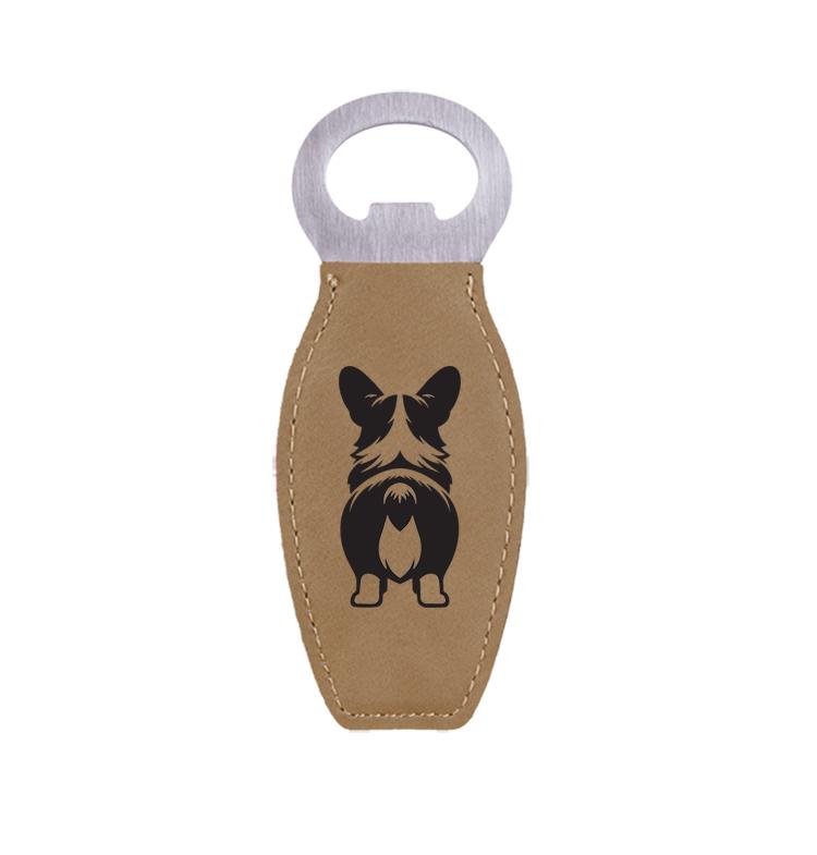 Personalized leatherette bottle opener with the corgi dog design and custom engraved text of your choice.