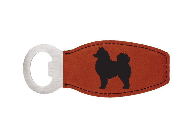 Personalized leatherette bottle opener with the dog design and custom engraved text of your choice.