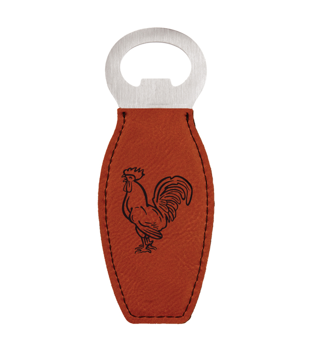 Laser engraved leatherette bottle opener with personalized engraved text and custom farm animal design.