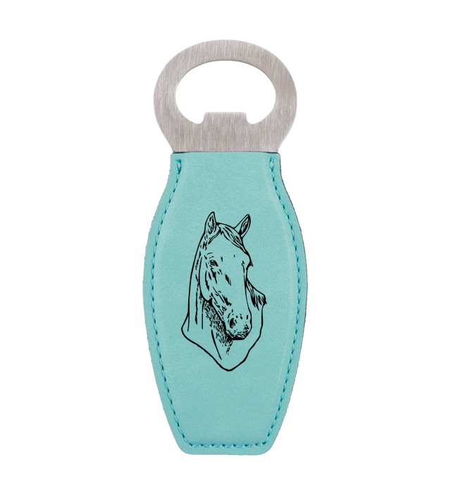 Personalized leatherette bottle opener with the horse design and custom engraved text of your choice. Horse Bottle Opener