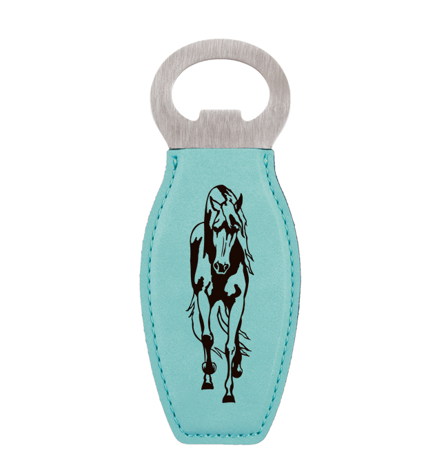 Personalized leatherette bottle opener with the horse design 2 and custom engraved text of your choice. Equestrian Bottle Opener
