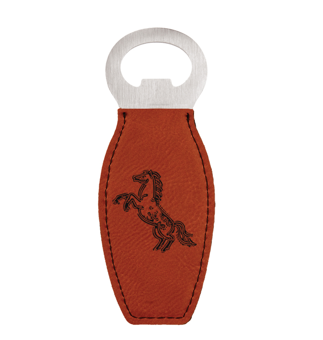 Personalized leatherette bottle opener with the horse design 3 and custom engraved text of your choice. Horse Bottle Opener