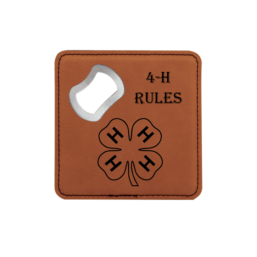 Leatherette bottle opener coaster with the custom engraved 4-H logo of your choice and personalized text. 4-H Bottle Opener