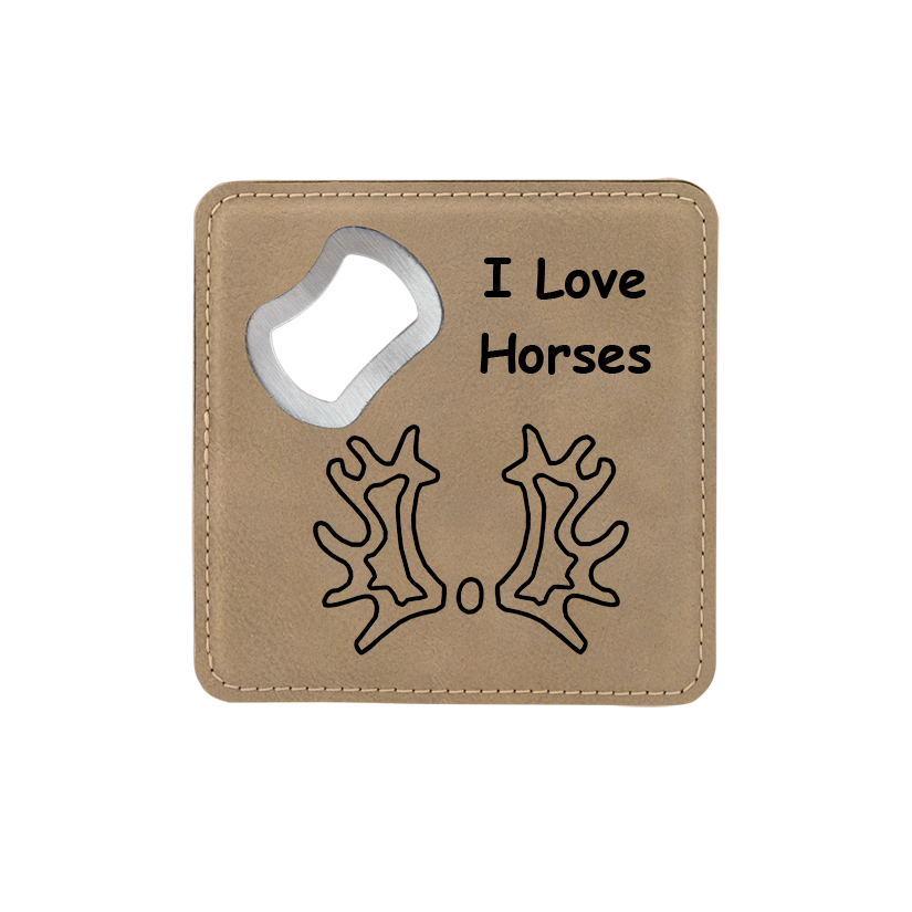 Bottle opener coaster made out of leatherette comes with personalized text and the horse breed logo of your choice. Equestrian Bottle Opener