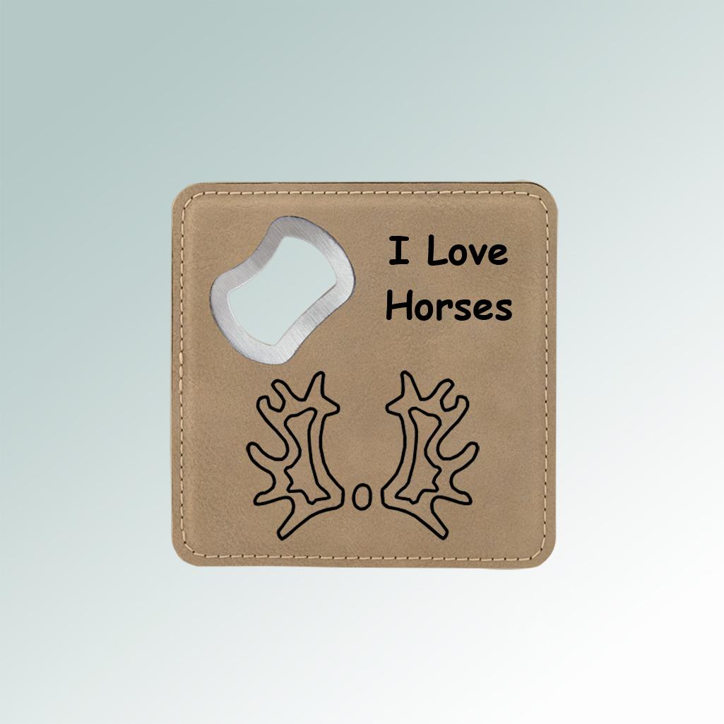 Bottle opener coaster made out of leatherette comes with personalized text and the horse breed logo of your choice. 25+ horse breed logos to choose from.