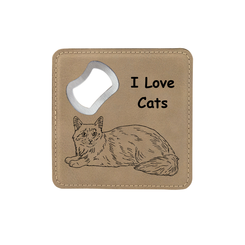 Bottle opener coaster made out of leatherette comes with personalized text and the cat design of your choice. Cat Bottle Opener Coaster