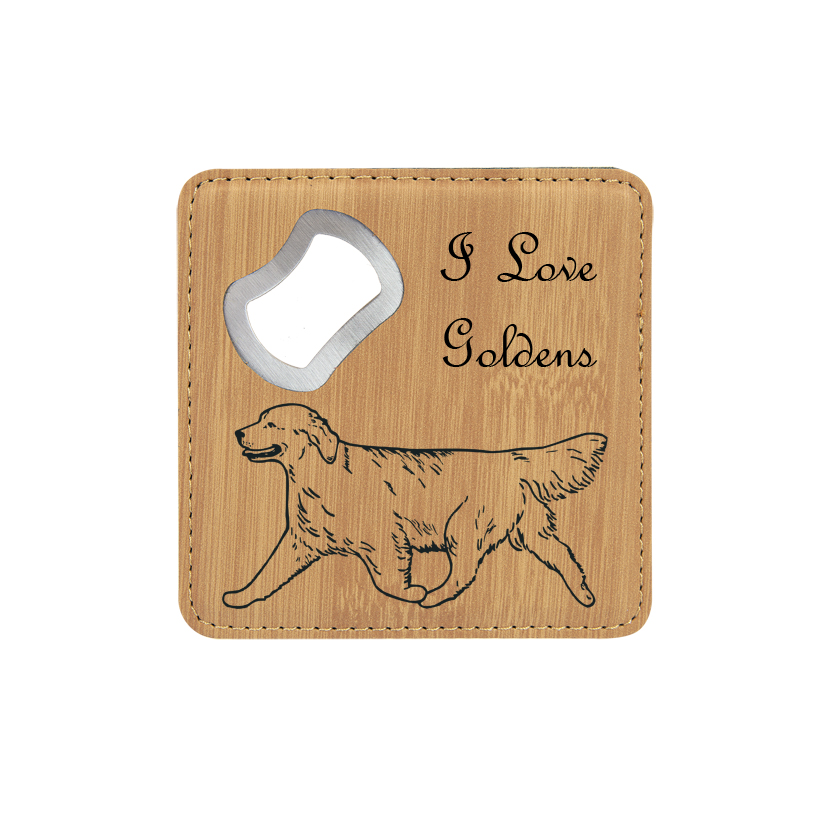 Bottle opener coaster made out of leatherette comes with personalized text and the Golden Retriever design of your choice. Golden Retriever Gift
