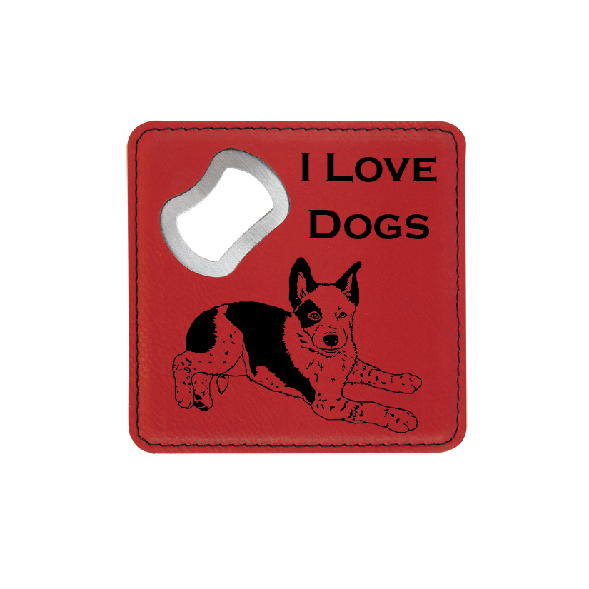 Leatherette bottle opener coaster with the custom engraved dog design 1 of your choice and personalized text. Dog Gift