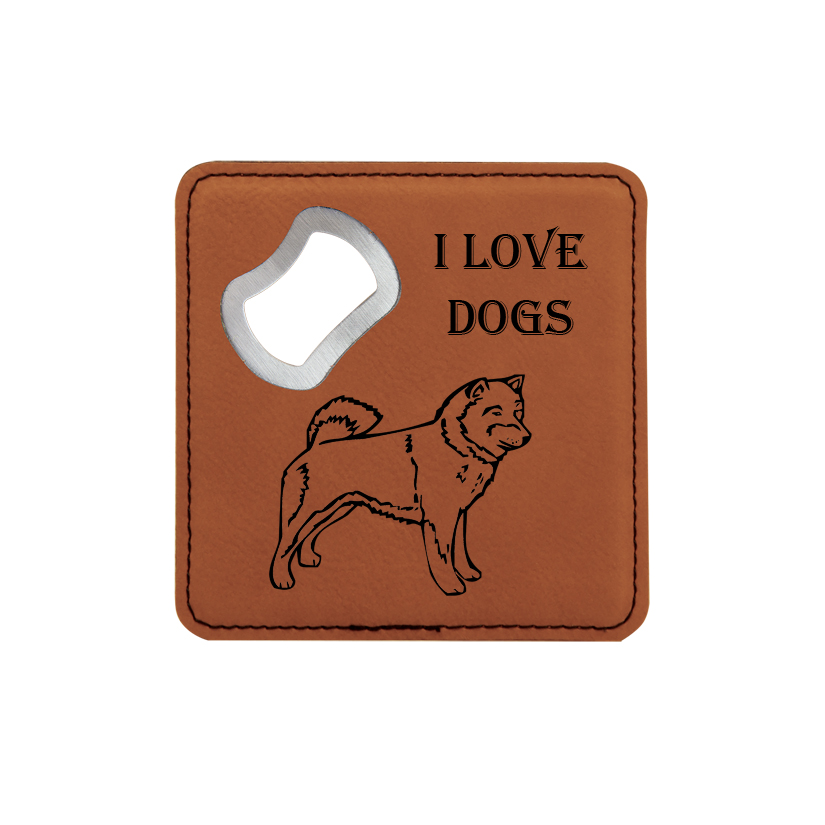 Leatherette bottle opener coaster with the custom engraved dog design 2 of your choice and personalized text. Dog Lover's Gift