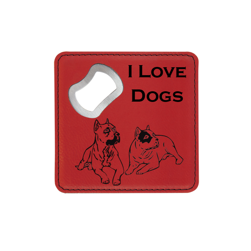 Leatherette bottle opener coaster with the custom engraved dog design 3 of your choice and personalized text. Dog Gift